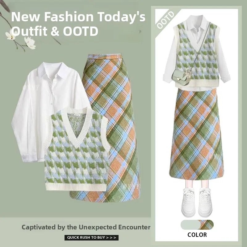 

Spring Faion Soft Cozy Color Blo Women's round Ne Striped Sweater Skirt Set Collar Long Sve Button up Tee Pie...