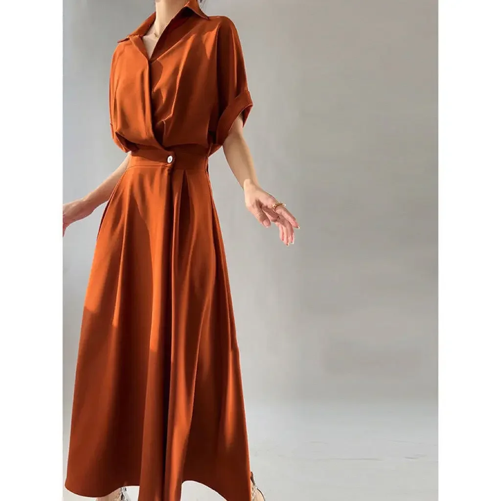 

French Shirt Fashion Dress Women's Spring Summer Robe Elegant Waist Dress