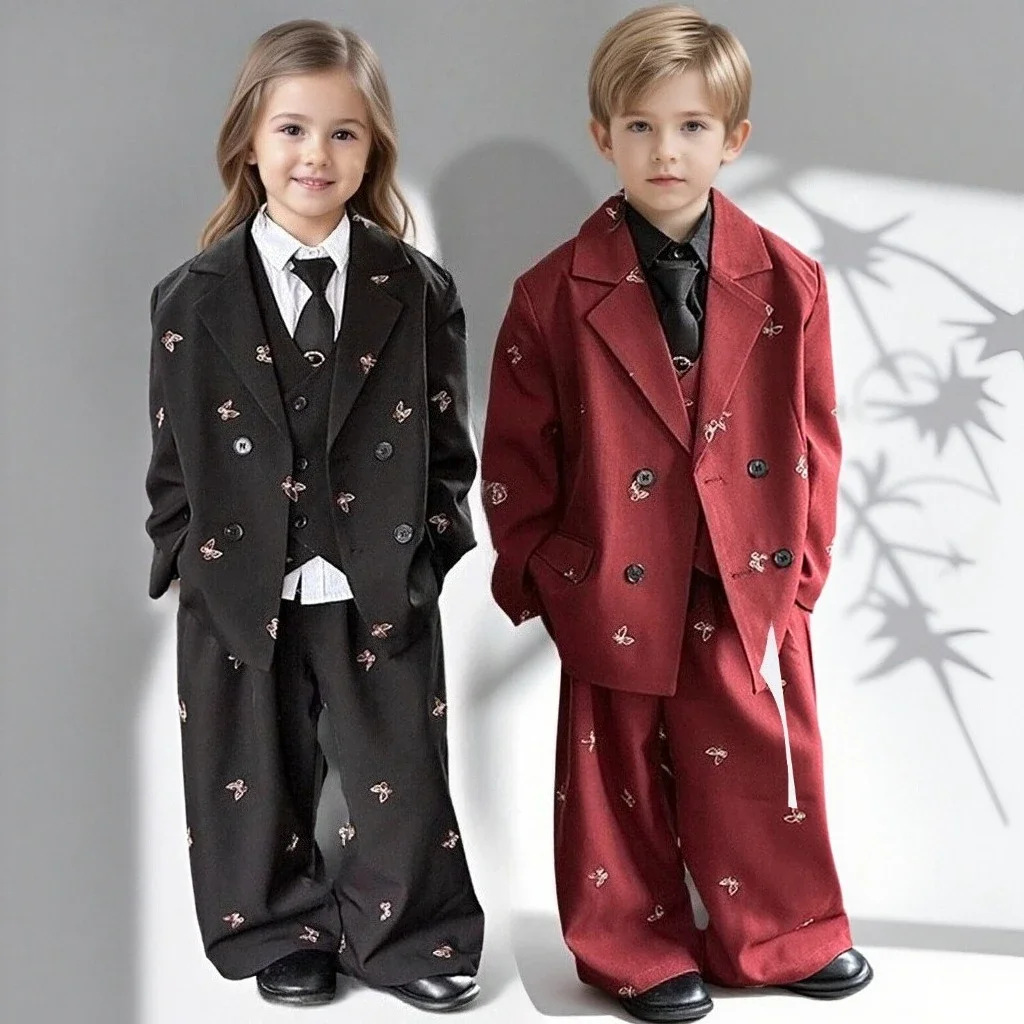 Children Suit Set Spring Fashion Embroidered Jacket Vest Pants 3pcs Boys Wedding Blazer Black Formal Girls Performance Outfits