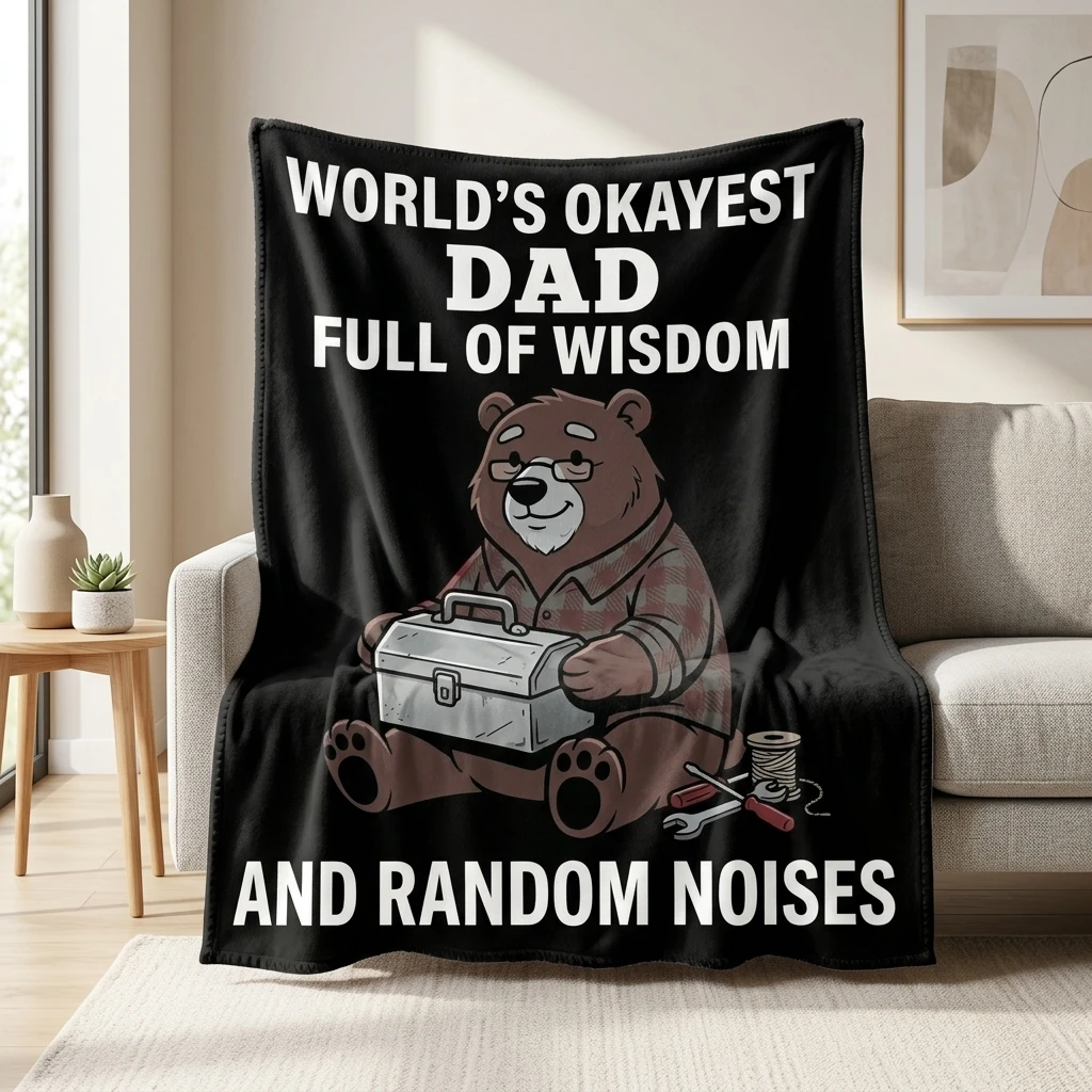 

Okayest Dad Wise Bear Toolbox Flannel Throw Blanket, Funny Dad Bear Graphic Soft Cozy Home Decor Gift Blanket