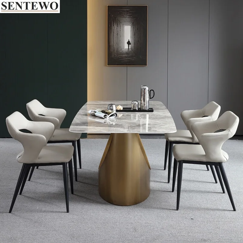 Luxury Rock Slab Kitchen Dining Table 4 Chairs Set Stainless Steel Gold Base Faux Marble Table Furniture стол мебель столик