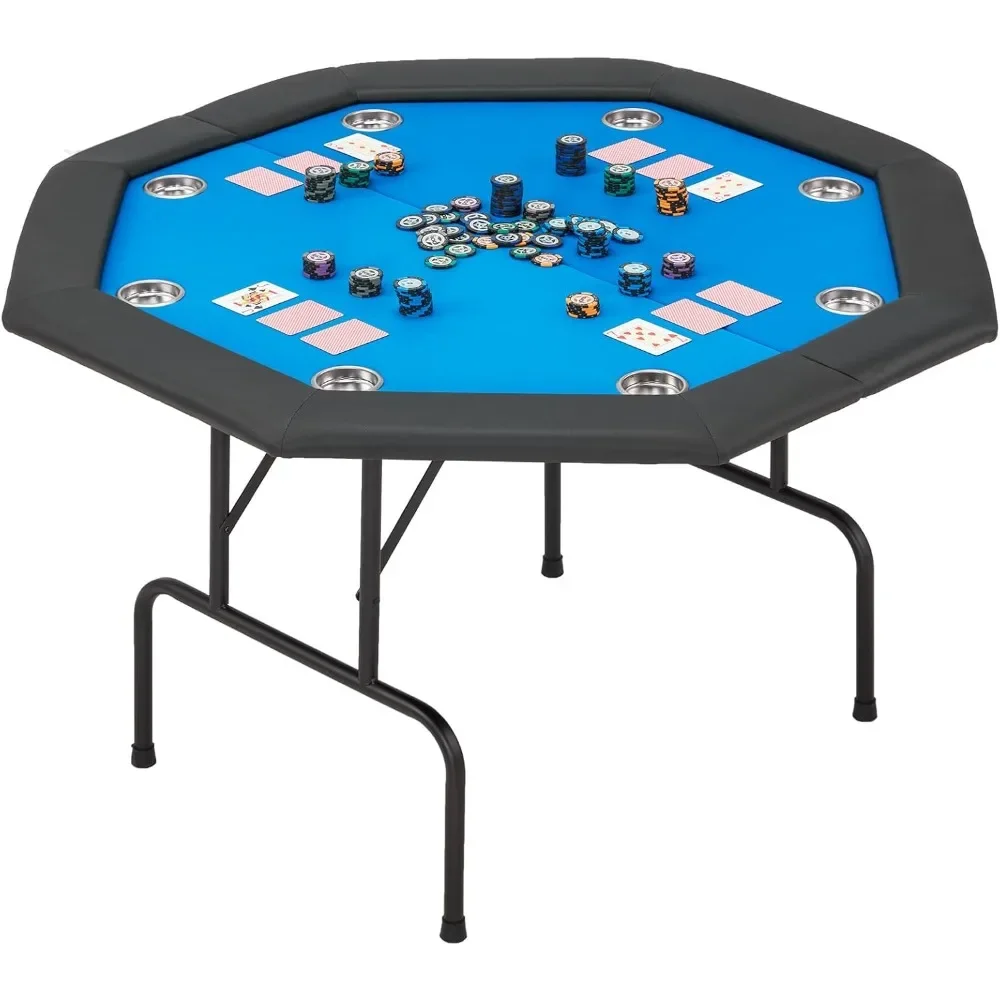

8 Players Poker Table Foldable, Octagonal Texas Hold'em Table w/Stainless Steel Cup Holder, Folding Casino Leisure Poke