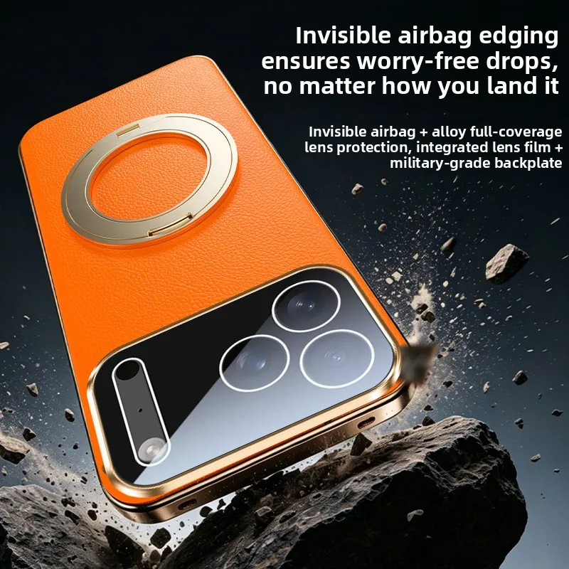 Luksusowe etui na telefon z wykończeniem w formie metalowego obwódku, przeznaczone do modeli iPhone 18, 17 Air, 16, 15, 14, 13 Pro Max, z funkcją MagSafe, magnetycznym uchwytem i obrotową podstawką. — zdjęcie produktu 5