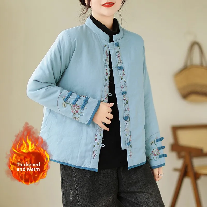 

Women's Thiened Cotton Jaet Embroidered Button Stand Collar Long Sve Korean Sle Commute Pure Color Winter Coat