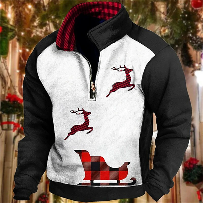 Mens holiday Christmas reindeer print half ziplong sleeved sportswear autumn casual simple loose top fashionable stand up collar