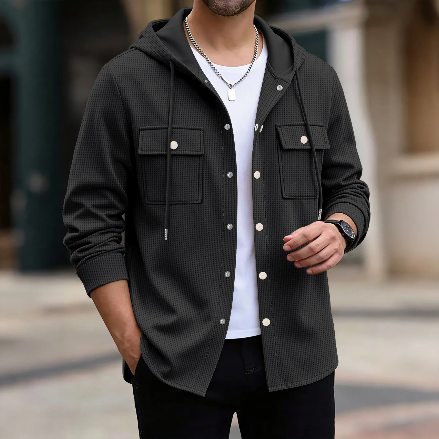 Men's Casual Waffle Hooded Shirt Button-down Coat with Wide Work-style Pocket Spring-Autumn Trendy Hooded Top