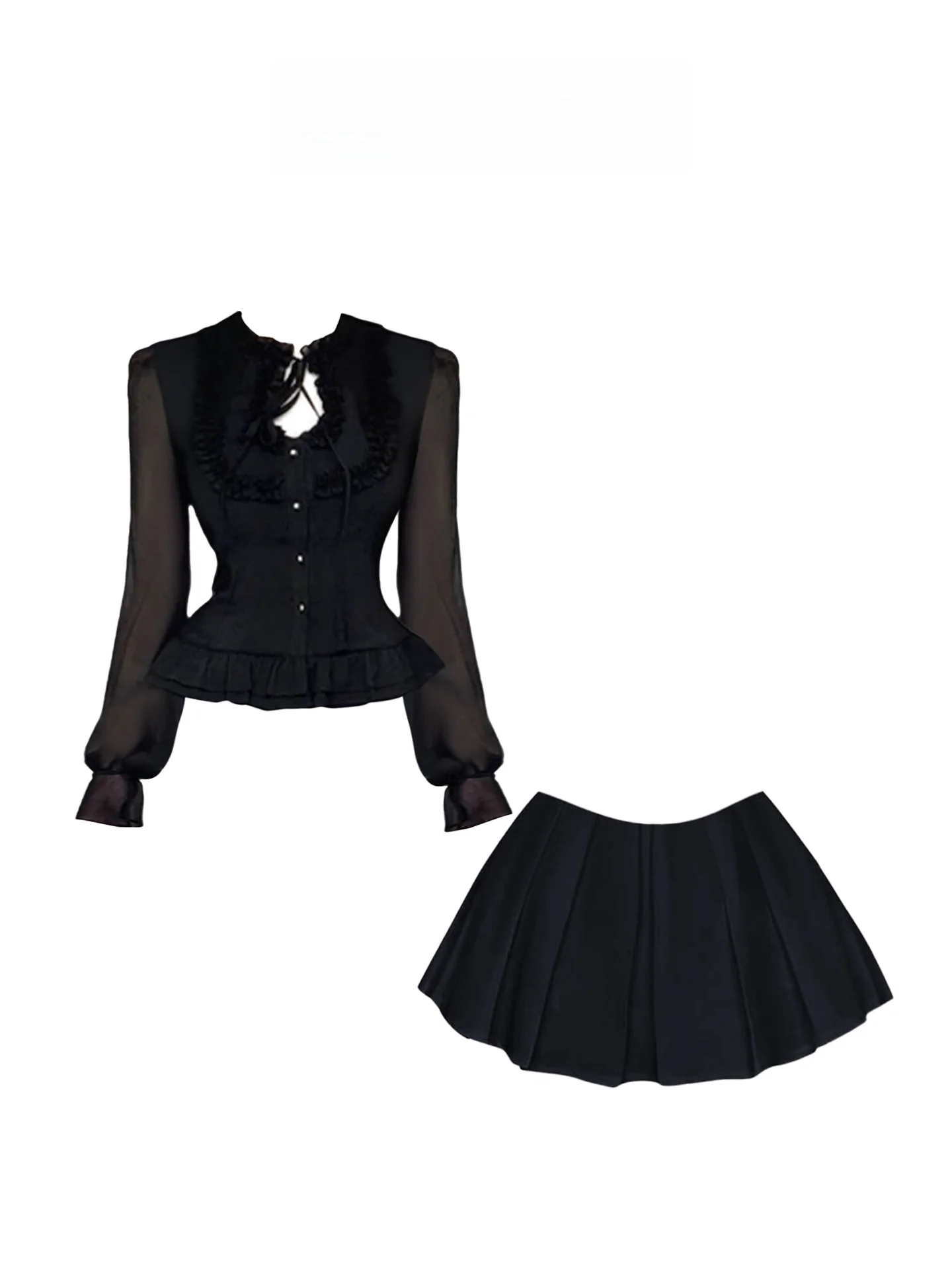 

HEZA большие размеры Pure Desire Wood Ear Long Sve Женская ранняя осень плиссированная юбка с высокой талией Простой комплект для поездок на работу в Корейском стиле...