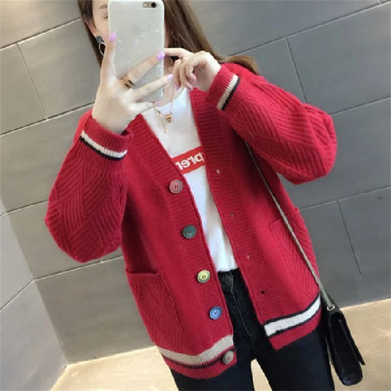 Women\'s Korean Casual Streetwear Y2K Pockets Button Knitted Cardigan Autumn Winter Trendy Chic V Neck Long Sleeve Sweater Coats