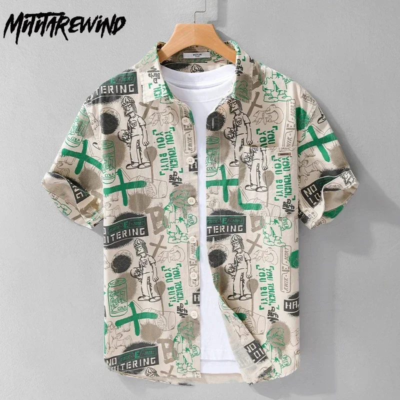 

Japanese Fashion Streetwear Men Graffiti Printed Shirts Short Sleeve Summer Clothes for Men Trend Tops Casual Pure Cotton Shirt