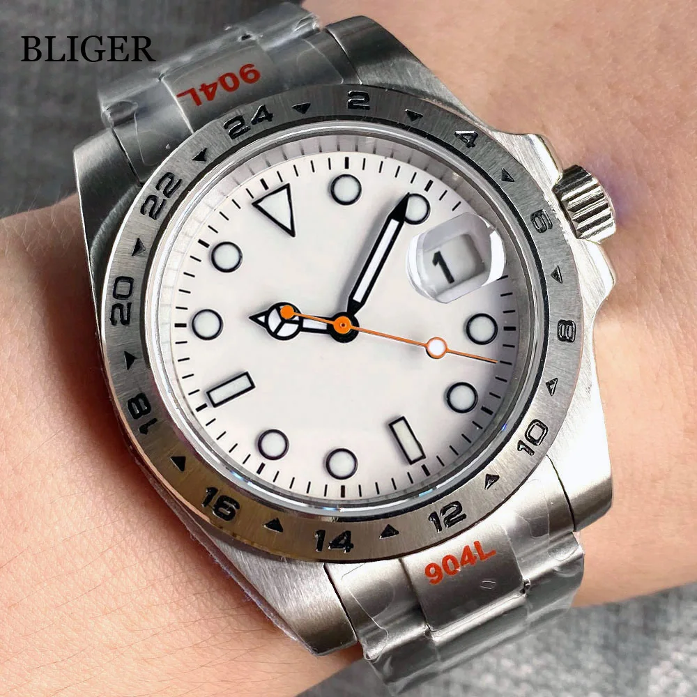 

BLIGER 39mm Automatic Watch Men NH35A PT5000 White Dial Orange Second Hand 24 Hours Fixed Bezel Sapphire Glass Steel Bracelet