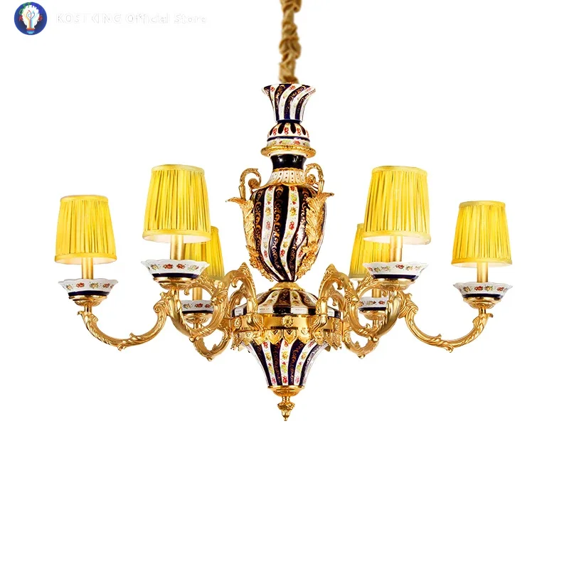 French Luxury Exquisite Porcelain Living Room Chandelier, Brass Classical Cylindrical Fabric Lampshade