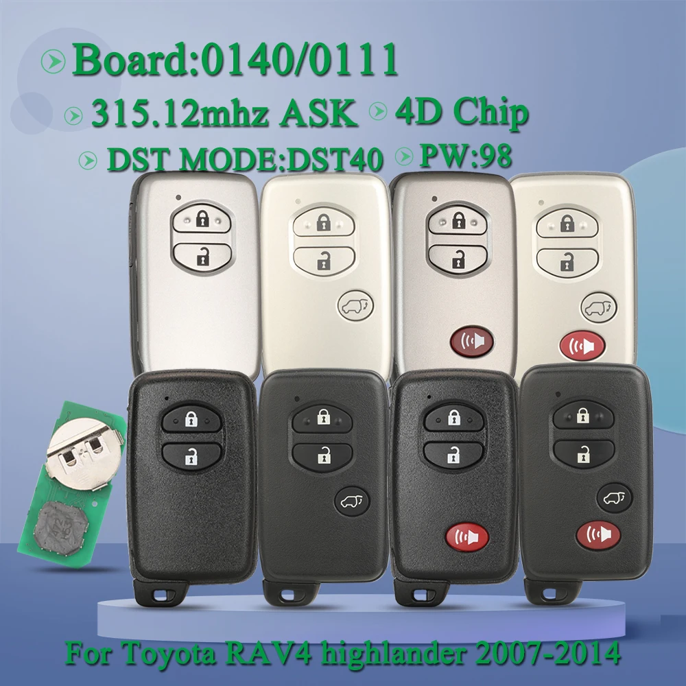 

jingyuqin 315.12mhz ASK Board:0140/0111 4D Chip P1:94 DST40 2/3/4B Smart Car Remote Key Fob For Toyota RAV4 highlander 2007-2014