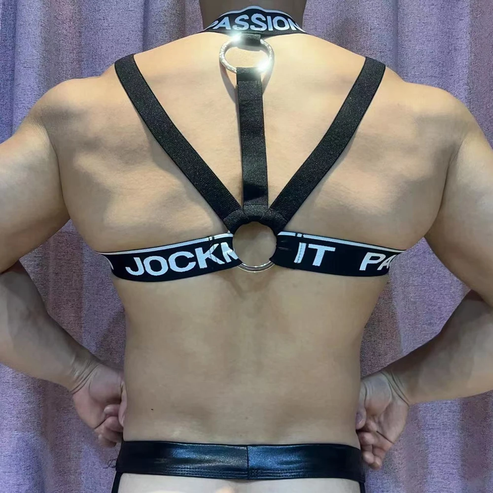 JOCKMAIL Mens Lingerie See-through Mesh Crop Top Fashion Letter Print Elastic Straps O Ring Body Shoulder Chest Harness Belt