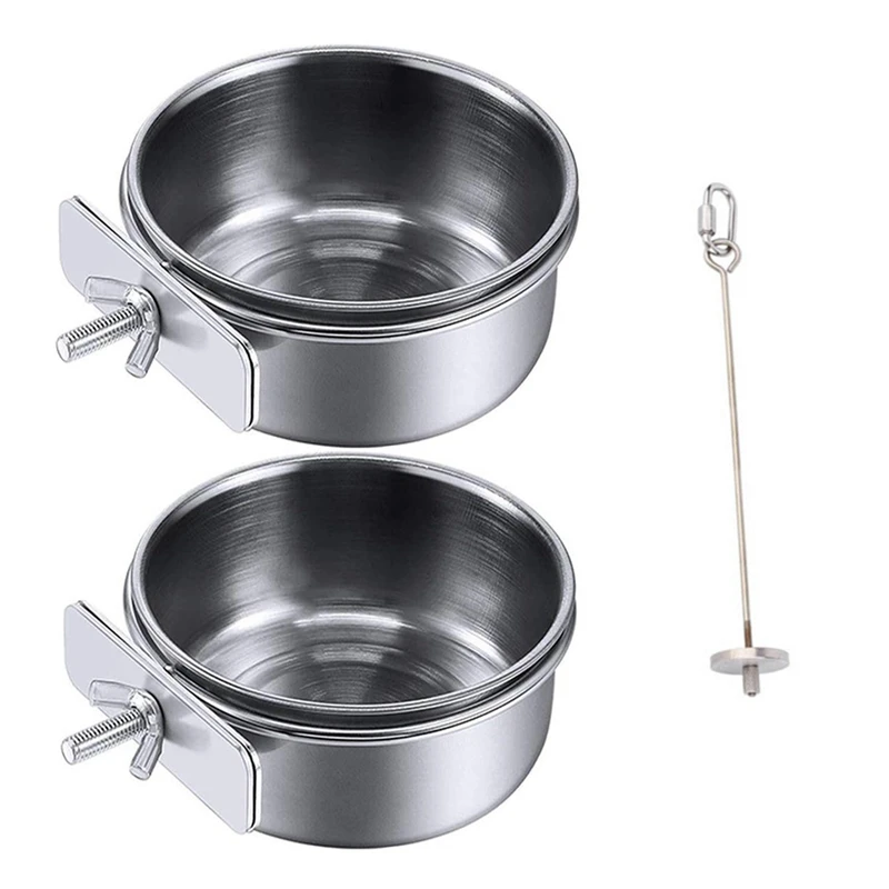 Bird Feeder Bowl Stainless Steel - Parrot Food Bowl Feeding Coop Cups Clamp Water Cage Dish with Fruit Skewer Holder