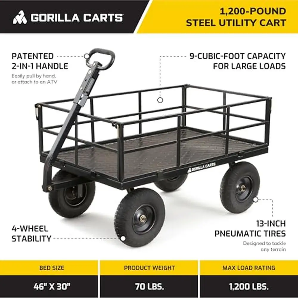 Heavy Duty 1200 lb Capacity All Terrain Utility Cart Steel Frame Garden Wagon ATV Hitch Compatible Black Smooth Maneuverability