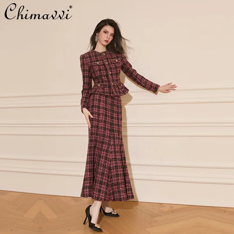 

Элегантный французский модный комплект с клетчатой юбкой, однобортный жакет с круглым вырезом, облегающая длинная юбка с высокой талией, комплект из двух предметов для женщин