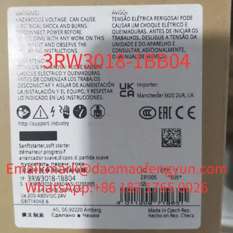 3RW3018-1BB04 Brand New SIRIUS soft starter S00 17.6 A, 7.5 kW/400 V, 40 °C 200-480 V AC, 24 V AC/DC