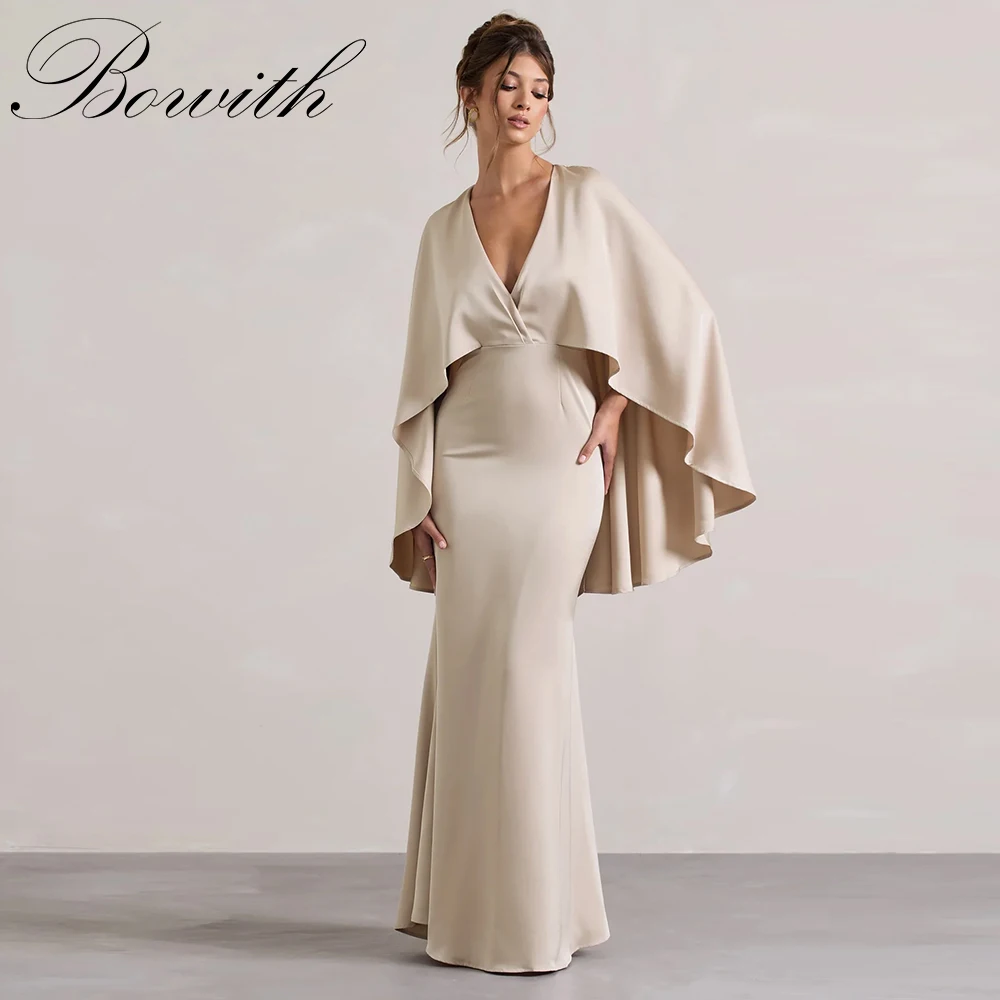 

Bowith Women Evening Dresses with Cloak Style Sleeves Deep V-Neck Floor-Length Party Dresses Customized Formal Gown for Banquet
