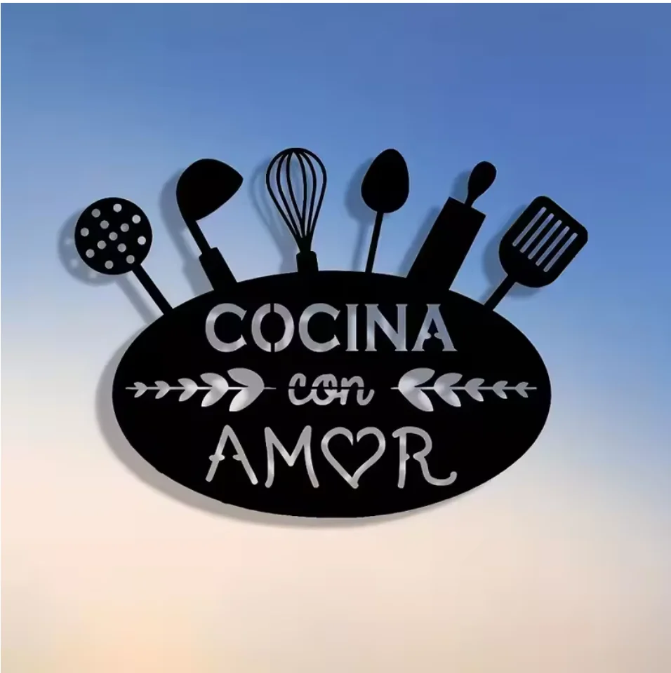Metal Kitchen Wall Decoration, Kitchenware Patterns, Spanish Language Slogan Signs Suitable for Kitchens, Cafes, and Bars