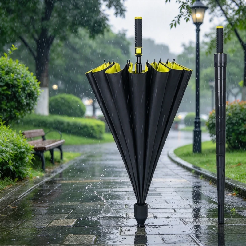 Large Long Handle Umbrella with Fiberglass Frame, Windproof Rain Sun Canopy with One Touch Opening and Carry Cover