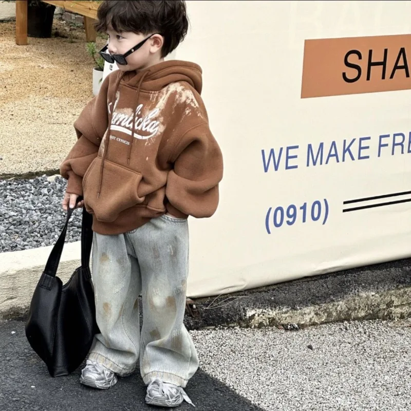 

Boys' Autumn and Winter Hooded Sweatshirt Set 2025 New Thick Printed Casual Trendy Cool Top One-piece Velvet Jeans Two-piece Set