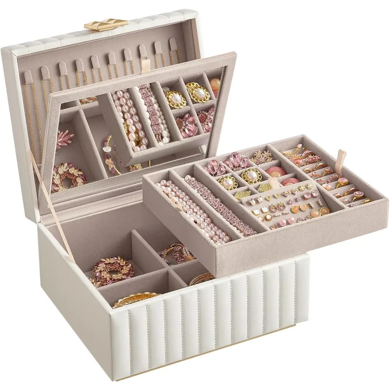 

2-Tier Jewelry Box with Mirror, Jewelry Organizer, Removable Tray, PU Surface with Stitching, Floating Effect, 8.5 x 9.4 x 5.3