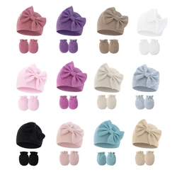 Bowknot Newborn Baby Hat and Gloves Set Stretchy Infant Caps & Matching Anti-scratches Gloves for Spring Autumn