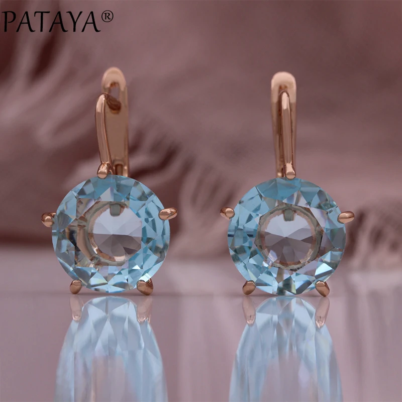 PATAYA New 585 Rose Gold Color Earrings Ring Sets For Women Blue Round Natural Zircon Bride Rings Wedding Fashion Jewelry Sets