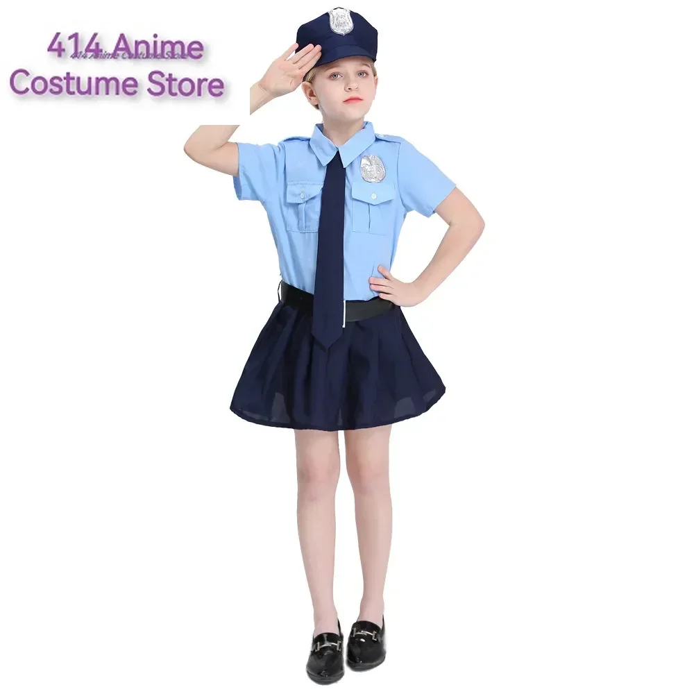 Girls Police Cosplay Police Uniform Dress Up Cop Costume with Toy Accessories for Kids Halloween Party Role Play Prop