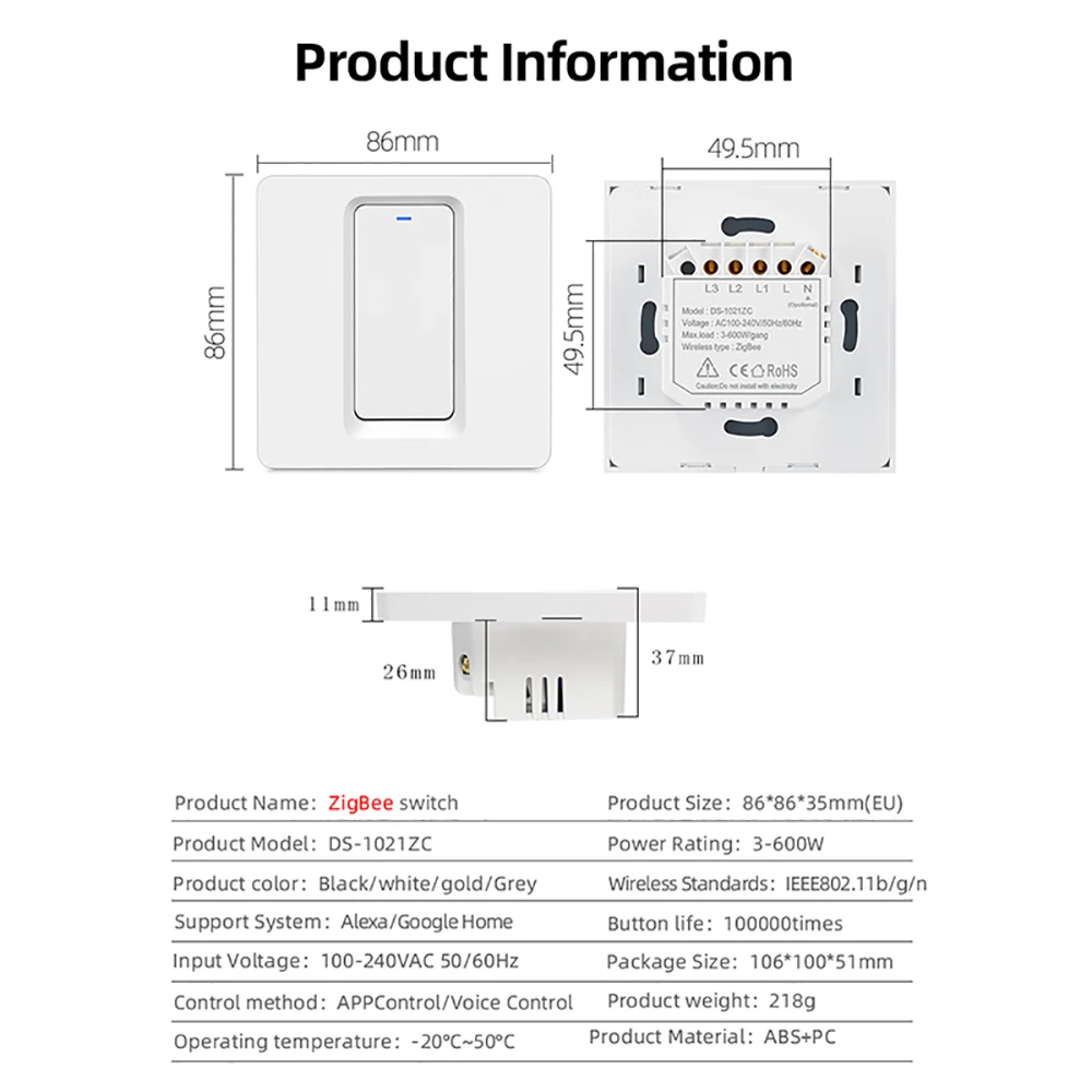 Smart Light Switch Tuya ZigBee Switch EU No Neutral Wire No Capacitor Required Smart Life 1/2/3 Gang Work with Alexa Google Home