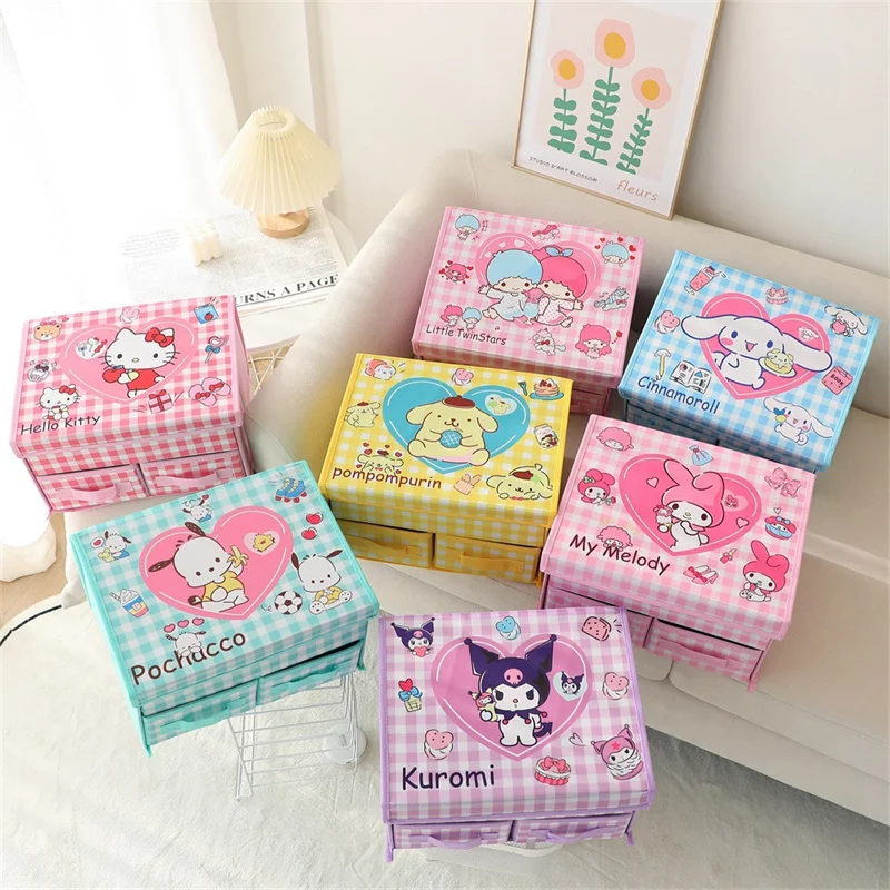 Kawaii Storage Box Sanrio Kuromi Cinnamorol Melody High Capacity Double Layer Foldable Underwear Sock Drawer Cute Festival Gift