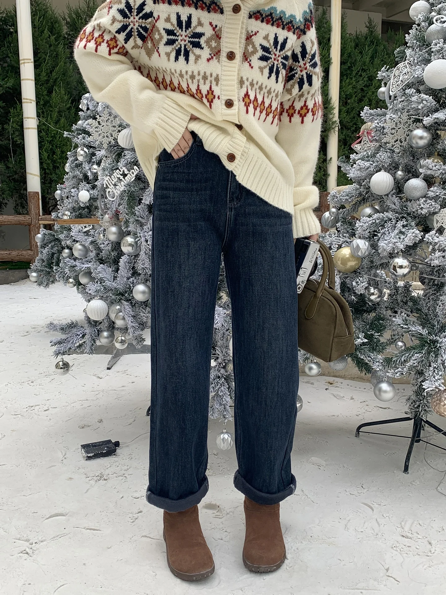 

ELINSU Винтажные прямые джинсы с флисовой подкладкой, укороченные, широкие, утягивающие, женские, зимние, модные, больших размеров, повседневные брюки