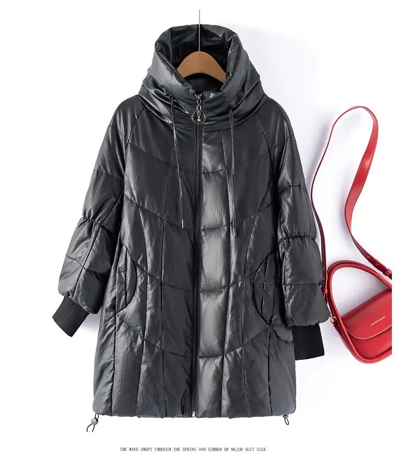 PinkyIsBlack Winter Warme Dicke PU Leder Mäntel Frauen Parkas Mode Schwarz Leder Weiße Ente Unten Jacke Elegante Zipper Kleidung