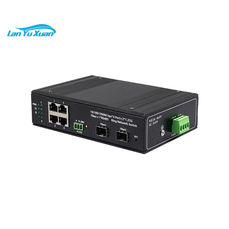 Industrial Ethernet Switch 4 Port 10/100/1000Mbps RJ45 2 SFP Slots RS485 Serial Unmanaged Fiber Ring Network Redundancy Switch