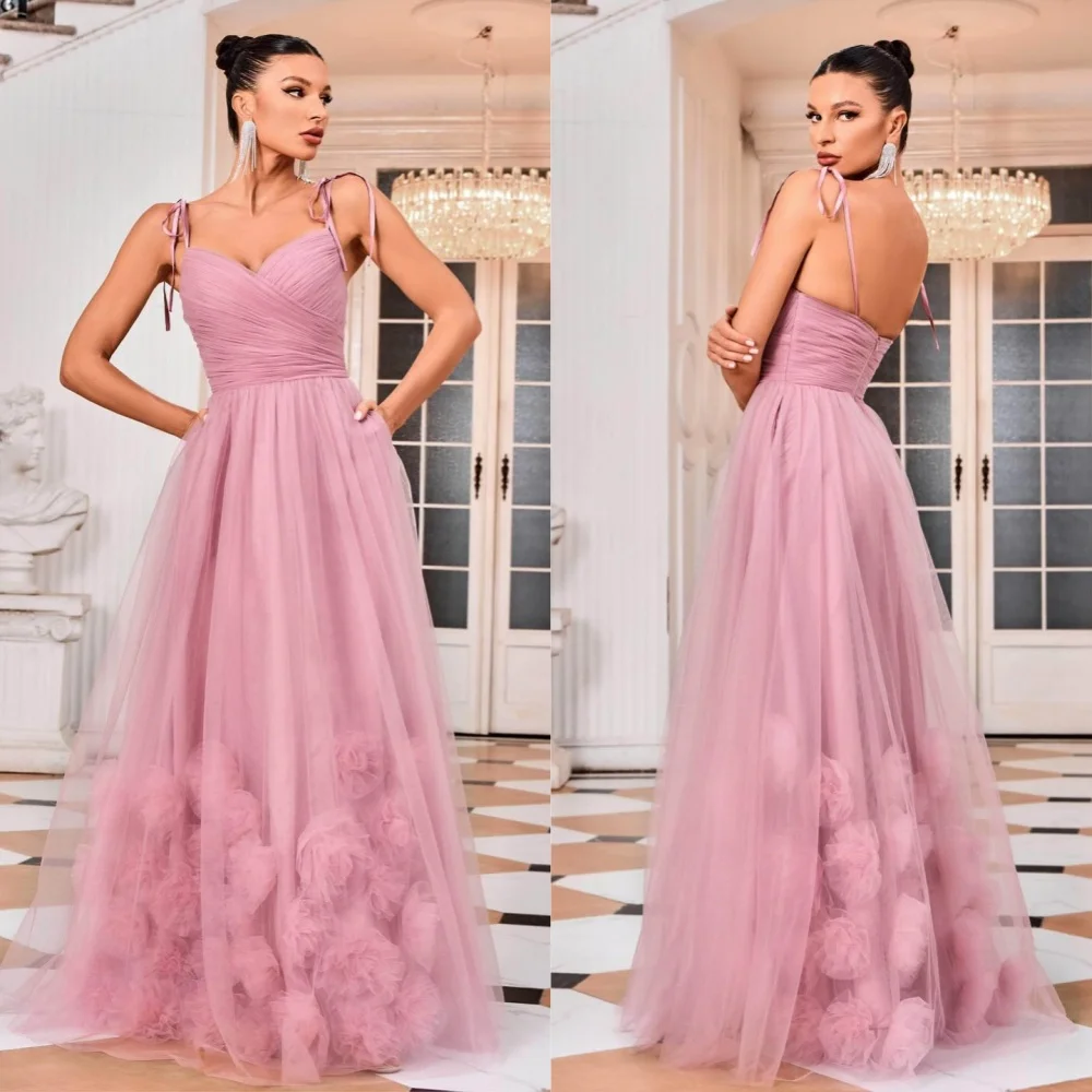 

Tulle Flower Ruched Homecoming A-line V-neck Bespoke Occasion Gown Long Dresses