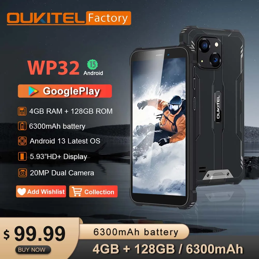 Глобальная версия OUKITE WP32 Прочный смартфон Android 13, 5,93-дюймовый дисплей, процессор Unisoc Tiger T606 Octa-core, 4 ГБ оперативной памяти + 128 ГБ встроенной памяти, аккумулятор 6300 мАч.