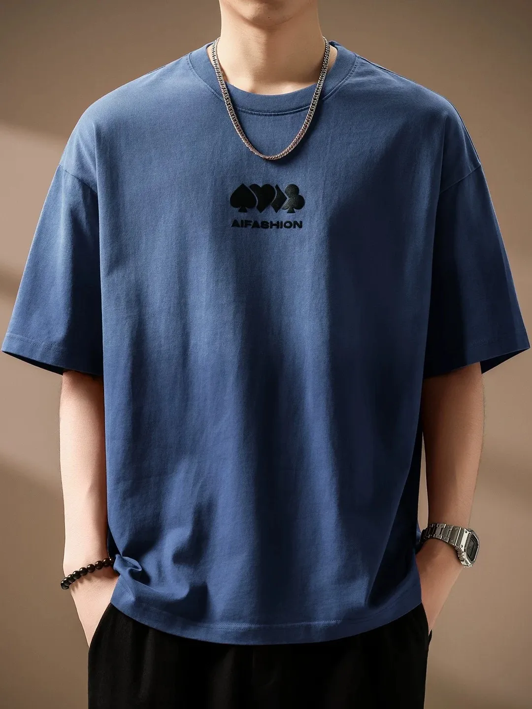 high-end-american-style-heavyweight-washed-pure-cotton-short-sleeve-t-shirt-men's-summer-new-poker-print-round-neck-top