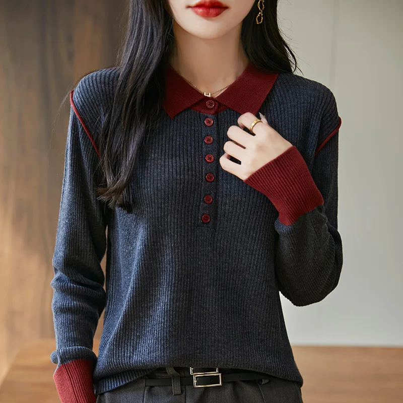 

Women's 100% Wool Sweaters Fashion POLO Collar Wool Pullover Long Sleeve Knitted Loose Tops Office Lady Spring Spliced Sweater