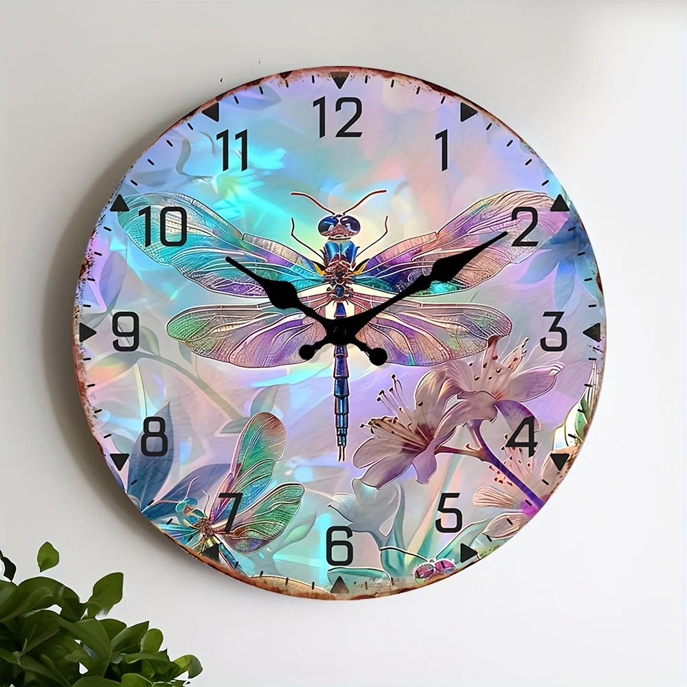 1pc of a 10Inch Wall Clock That Operates Silently, Featuring a Stunning Circular Design with Iridescent Dragonflies