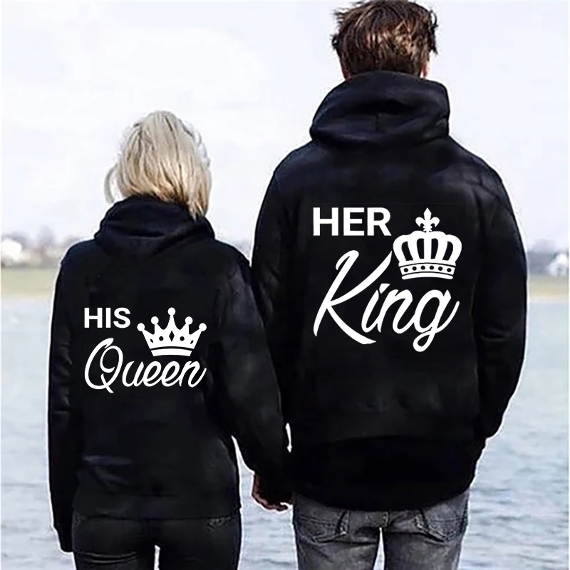 New Valentine\'s Day His Queen And Her King Printed Hoodies Men/Women Couple\'s Sweatshirts Casual Hoodie Personality Pullover