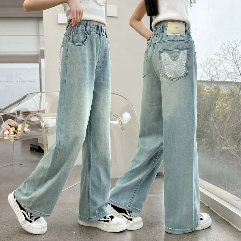 

American Fashion Kids Girl High Street Loose Straight Jeans with Butterfly Pocket New Spring Children Trend Denim Pants 5 To 14