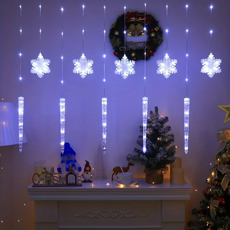 Cortina de luzes LED de floco de neve com sincelo de Natal para ambientes internos e externos, fonte USB + controle remoto, 8 modos de luz, fácil plug-and-play