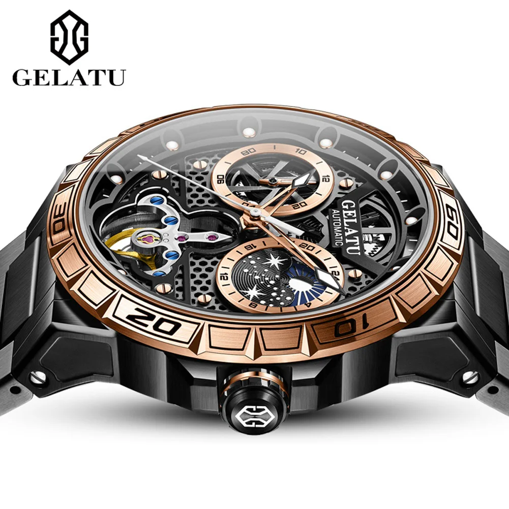 GELATU Tourbillon Automatic Mechanical Watches for Men 5Bar Waterproof Sapphire Luxury Black Steel Man Watch Relogios Masculino