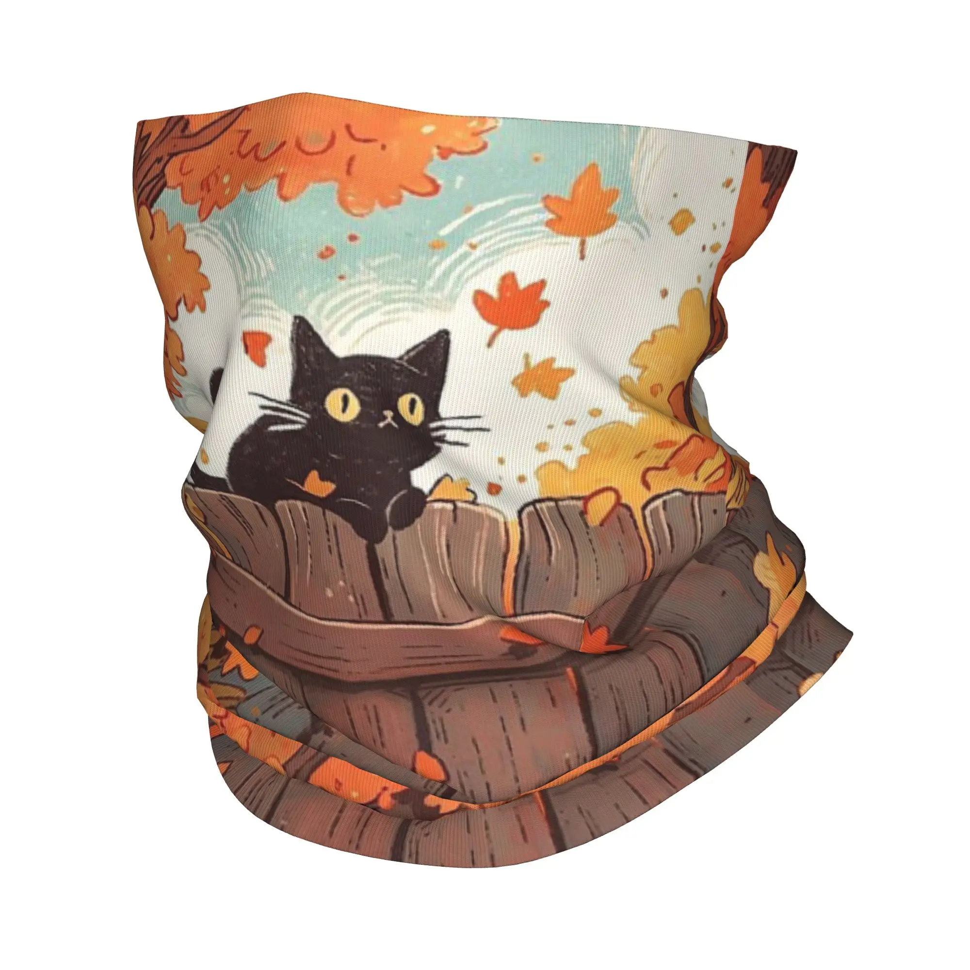 Cartoon Black Cat Fall Leaves Bandana Neck Gaiter Printed Wrap Scarf Warm Cycling Scarf Riding Unisex Adult