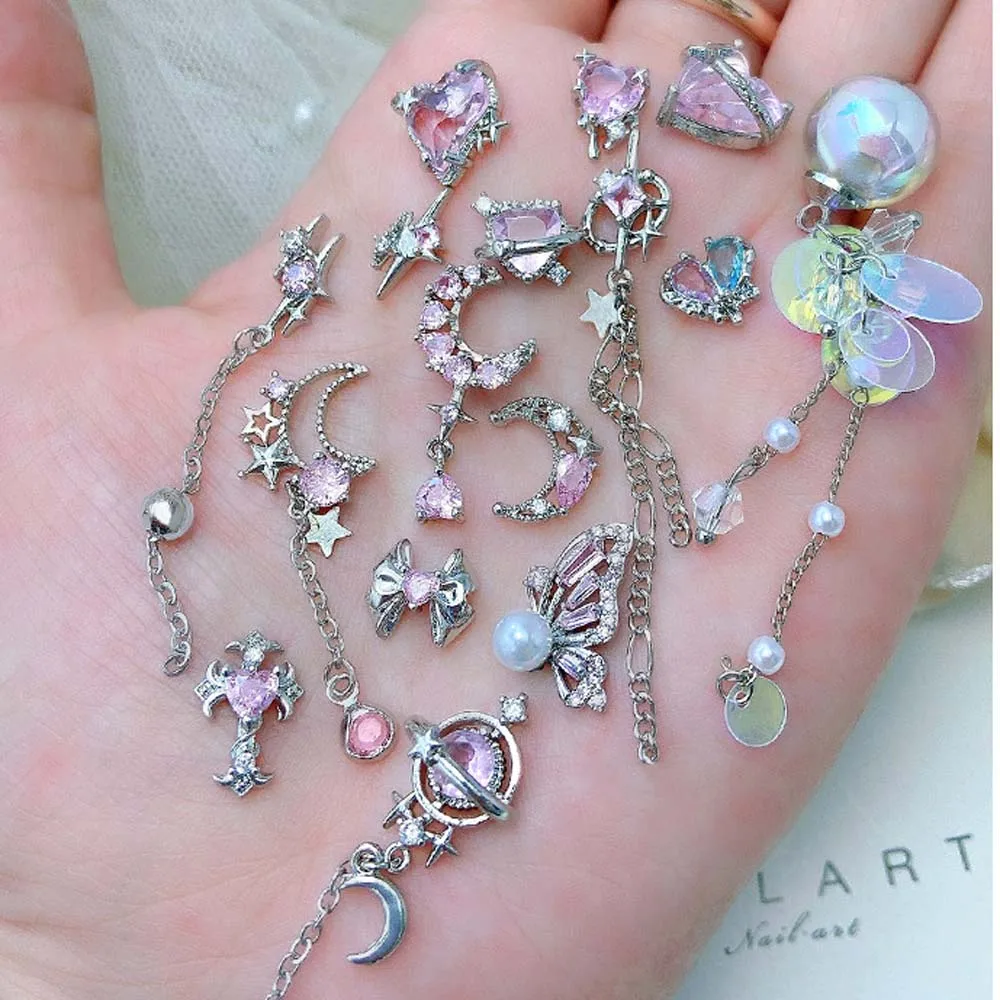 5pcs Pink Zircon Love Nail Art Charm 3D Alloy Star Moon Bow Metal Silver Nails Decorations DIY Simple Style Manicure Accessories
