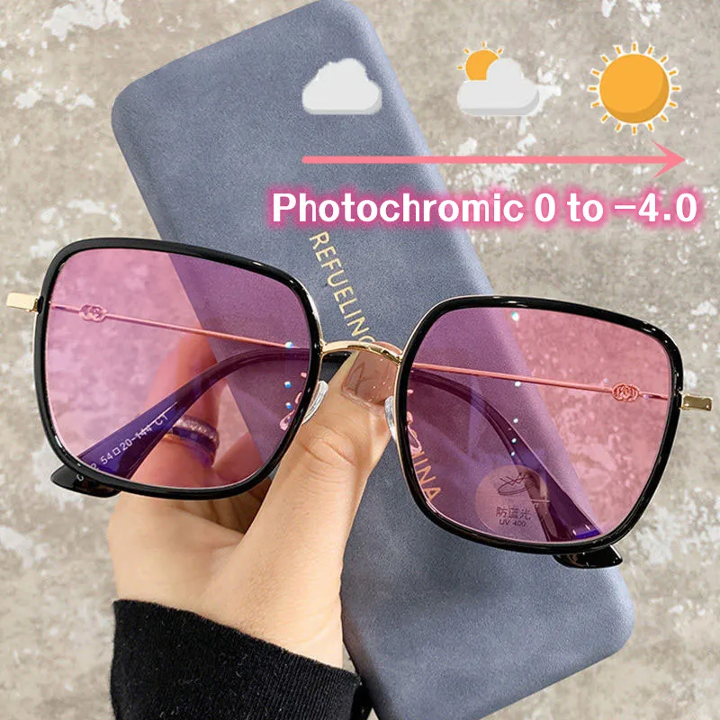 

Photochromic Anti-blue Ray Myopia Glasses Luxury Large Color Changing Eyeglasses Trend Oversized Short Sight Diopter Eyeglasses