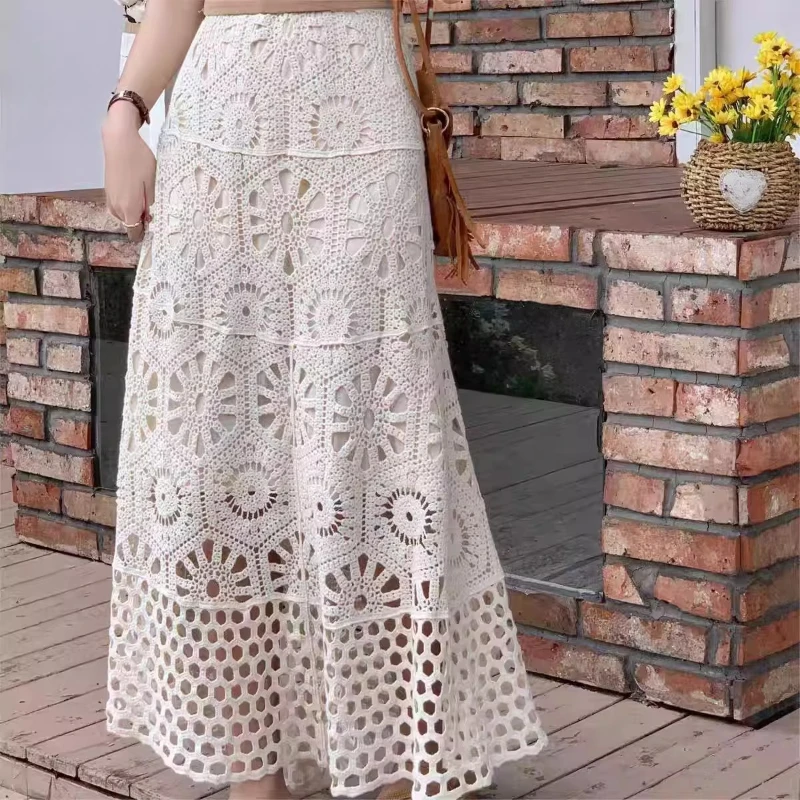 

2025 Summer Romantic Woman Hollow Out Knitted Long Skirt , Fashion Designer Knitting Skirts for Woman