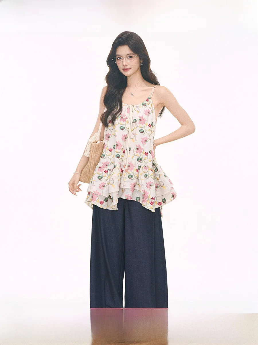 WESTAYONE Embroidered Halter Top Women Summer Outerwear Design Sensation Faux Denim Wide Leg Pants H-Shape Vest Polyester Cot...