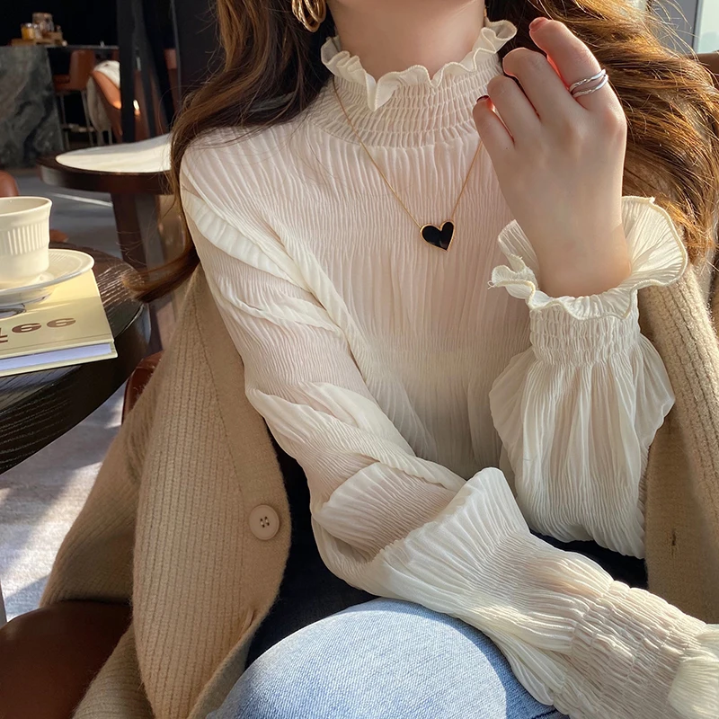 قميص داخلي نسائي أنيق بقاعدة دانتيل بيضاء، موضة الخريف، ياقة نصف عالية، مقاسات كبيرة، تصميم حلو وفضفاض بأكمام طويلة