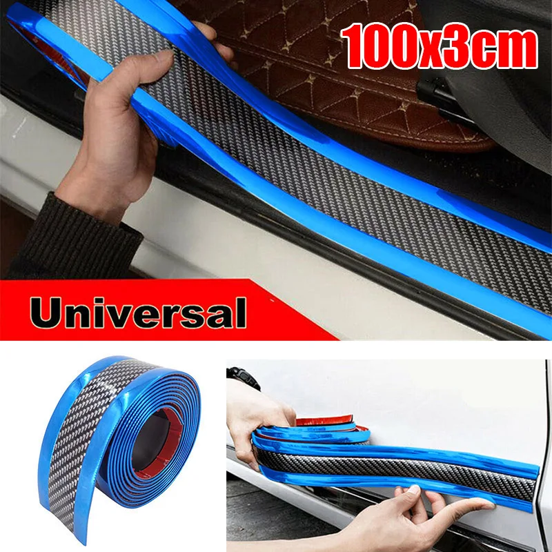 Rear Front Car Carbon Fiber Blue Side Anti-Collision Strip Protector for edge Door Sill 3cmx1m Replacement Practical